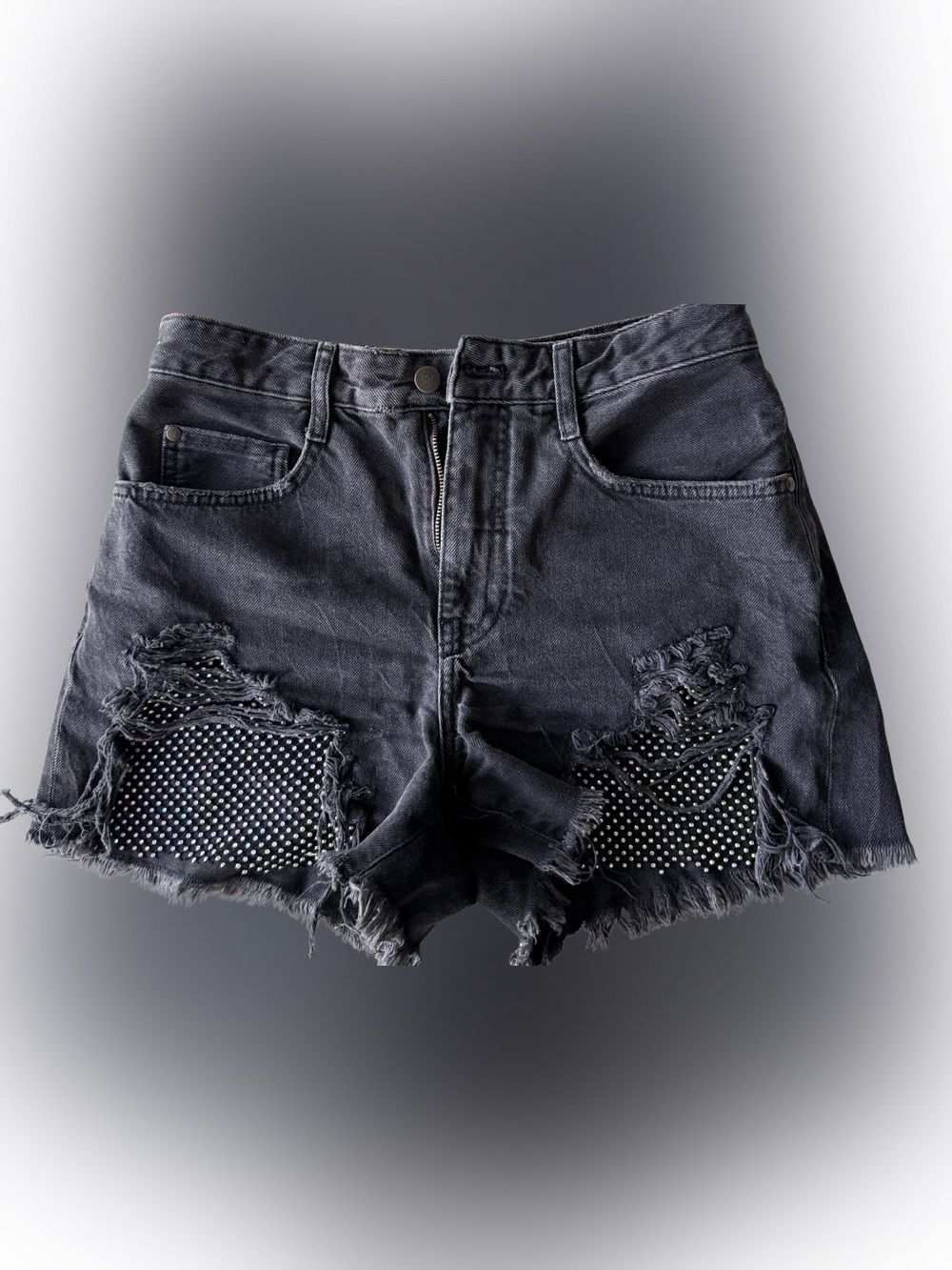 Pilcro Anthropologie Black Distressed Denim Shorts Studded Raw Hem Sz 26 Women’s